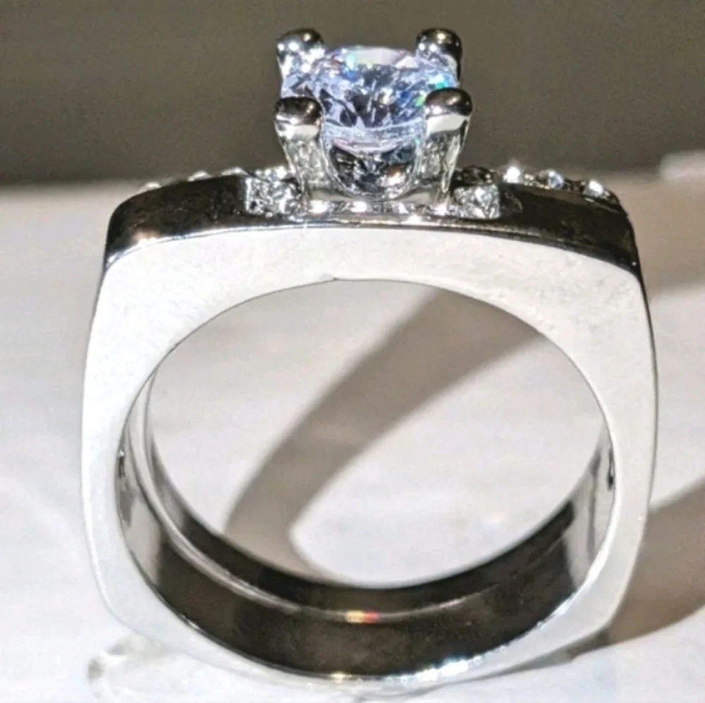 Mens Silver-Tone Clear Cubic zirconia Ring 2pc Set Sz 10